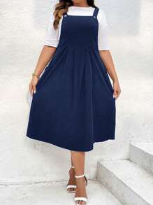 SHEIN LUNE Talla grande Vestido overol con fruncido sin camiseta - Azul Marino - Ver 4