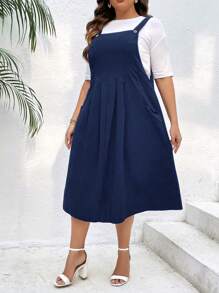 SHEIN LUNE Talla grande Vestido overol con fruncido sin camiseta - Azul Marino - Ver 5
