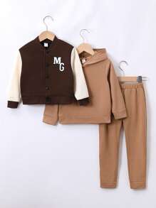 SHEIN 3件套 男童休閒刺繡外套連帽衛衣長褲秋冬運動裝 - 彩色 - 查看 3