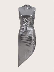 SHEIN ICON Vestido de cuello alto de muslo con abertura de color metálico - Plateado - Ver 2