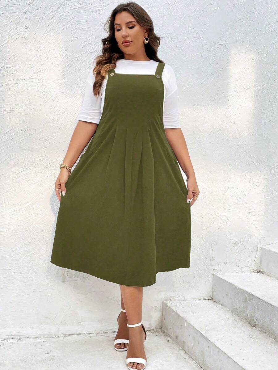 SHEIN LUNE Hơn Chất rắn Đầm Tổng thể Without Tee - xanh quân đội - Xem 1