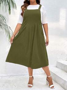 SHEIN LUNE Hơn Chất rắn Đầm Tổng thể Without Tee - xanh quân đội - Xem 3