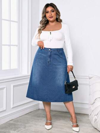SHEIN Privé Plus High Waist Denim Skirt