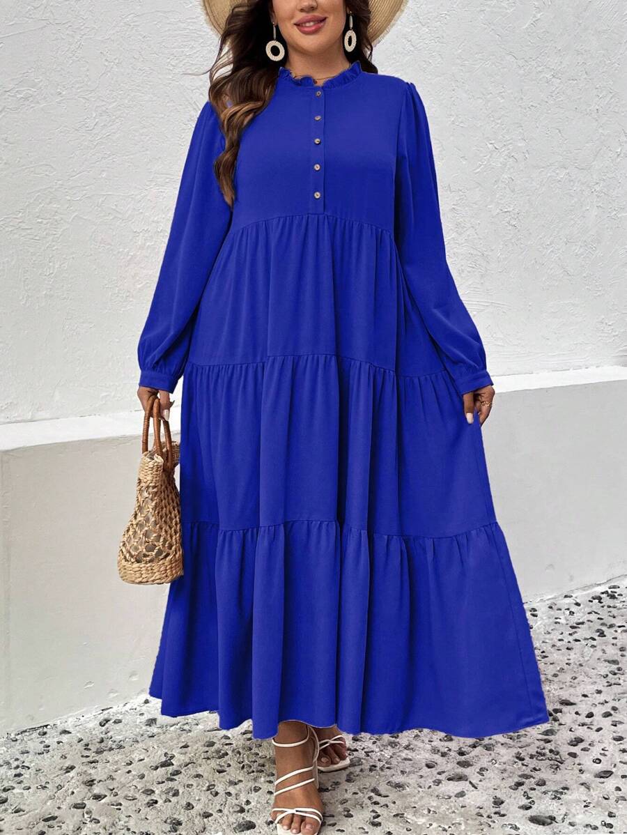 SHEIN LUNE Hơn Nút Nửa Xù Hoa Sen Váy Smock - Xanh đậm - Xem 1