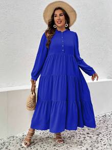 SHEIN LUNE Hơn Nút Nửa Xù Hoa Sen Váy Smock - Xanh đậm - Xem 5