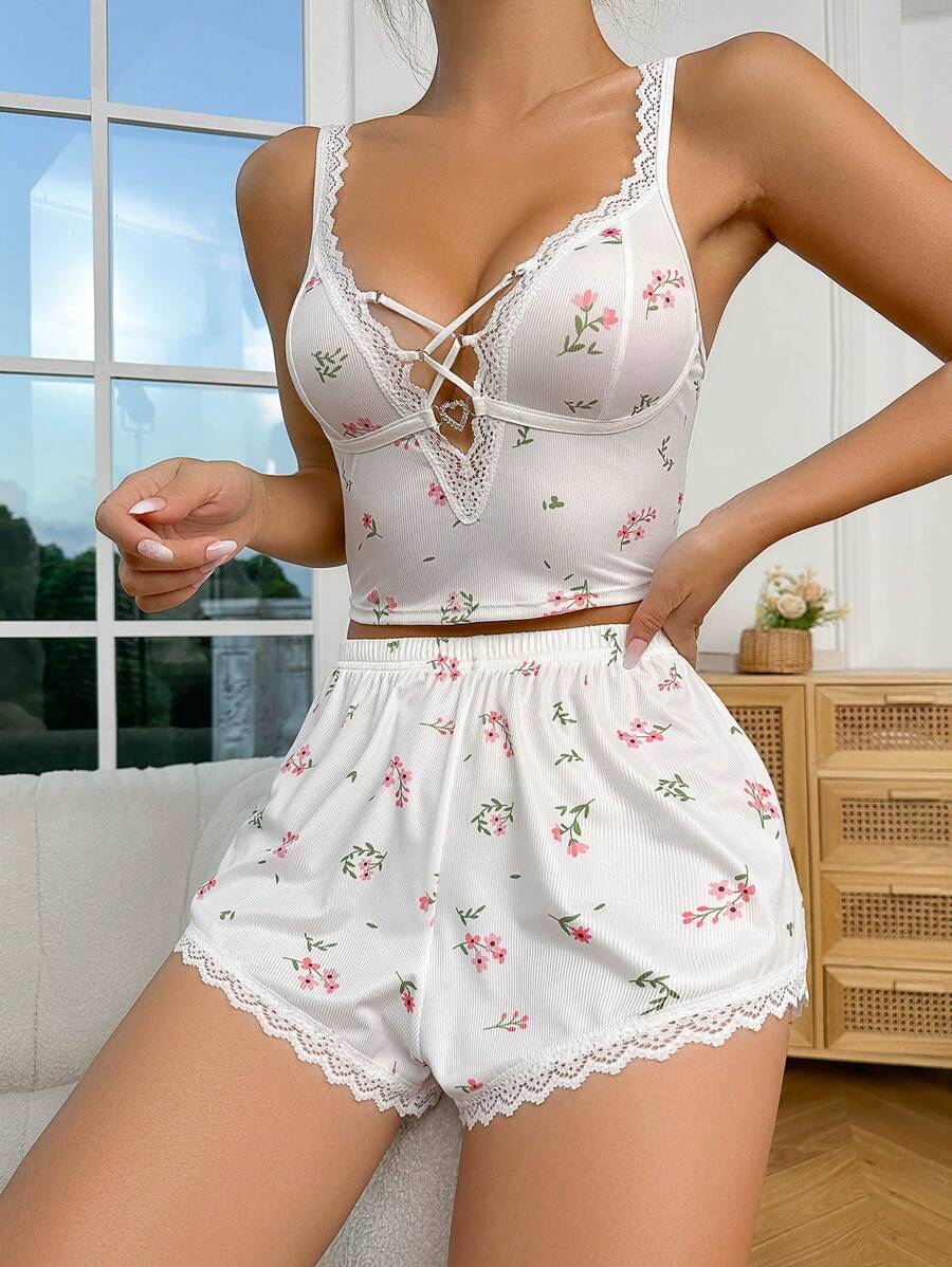 印花蕾絲邊前交叉睡衣套裝 - 白色 - 查看 1