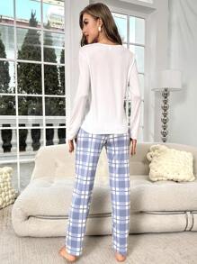 Letter Graphic White Top & Plaid Print Pants PJ Set / Pajama Set Bridal Lingerie, Fall Winter Clothes - White - View 2
