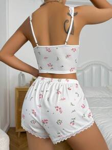 印花蕾絲邊前交叉睡衣套裝 - 白色 - 查看 2