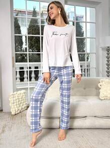 Letter Graphic White Top & Plaid Print Pants PJ Set / Pajama Set Bridal Lingerie, Fall Winter Clothes - White - View 3