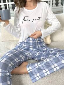 Letter Graphic White Top & Plaid Print Pants PJ Set / Pajama Set Bridal Lingerie, Fall Winter Clothes - White - View 4