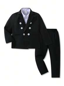 SHEIN Young Boy's Gentleman Two-Piece Suit, Double-Breasted Contrast Button Blazer & Dress Pants, Elegant And Formal Wear For Birthday Party, Evening Party, Wedding, Baptism, One-Month Celebration, One Year Old Birthday, Wedding Season - Black - View 1
