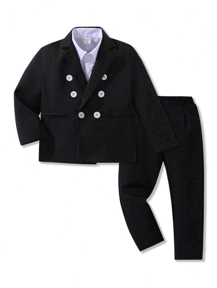 SHEIN Young Boy's Gentleman Two-Piece Suit, Double-Breasted Contrast Button Blazer & Dress Pants, Elegant And Formal Wear For Birthday Party, Evening Party, Wedding, Baptism, One-Month Celebration, One Year Old Birthday, Wedding Season - Black - View 1