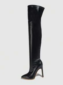 Women's Pointed Toe Over The Knee Stretchy Tight Fitted Side Zipper Boots, Winter & Autumn,Wear With White Dress,High Heels,Stiletto Heels - Black - View 5