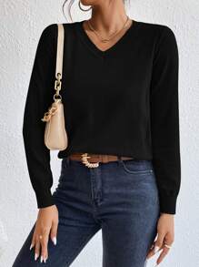 SHEIN Essnce Solid V Neck Black Top Sweater In Fall/Winter - Black - View 3