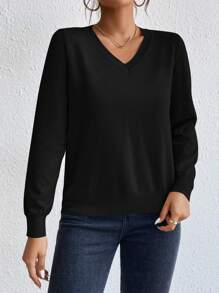 SHEIN Essnce Solid V Neck Black Top Sweater In Fall/Winter - Black - View 4