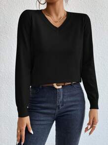 SHEIN Essnce Solid V Neck Black Top Sweater In Fall/Winter - Black - View 5