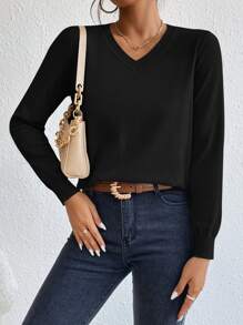 SHEIN Essnce Solid V Neck Black Top Sweater In Fall/Winter - Black - View 6