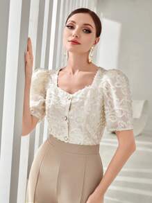Modelyn Jacquard Sweetheart Neck Puff Sleeve Button Front Blouse
