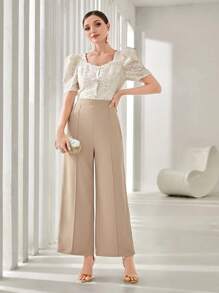 Modelyn Jacquard Sweetheart Neck Puff Sleeve Button Front Blouse