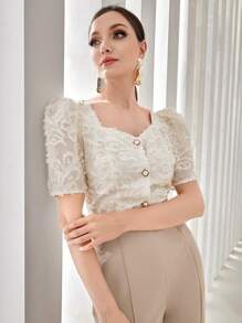 Modelyn Jacquard Sweetheart Neck Puff Sleeve Button Front Blouse