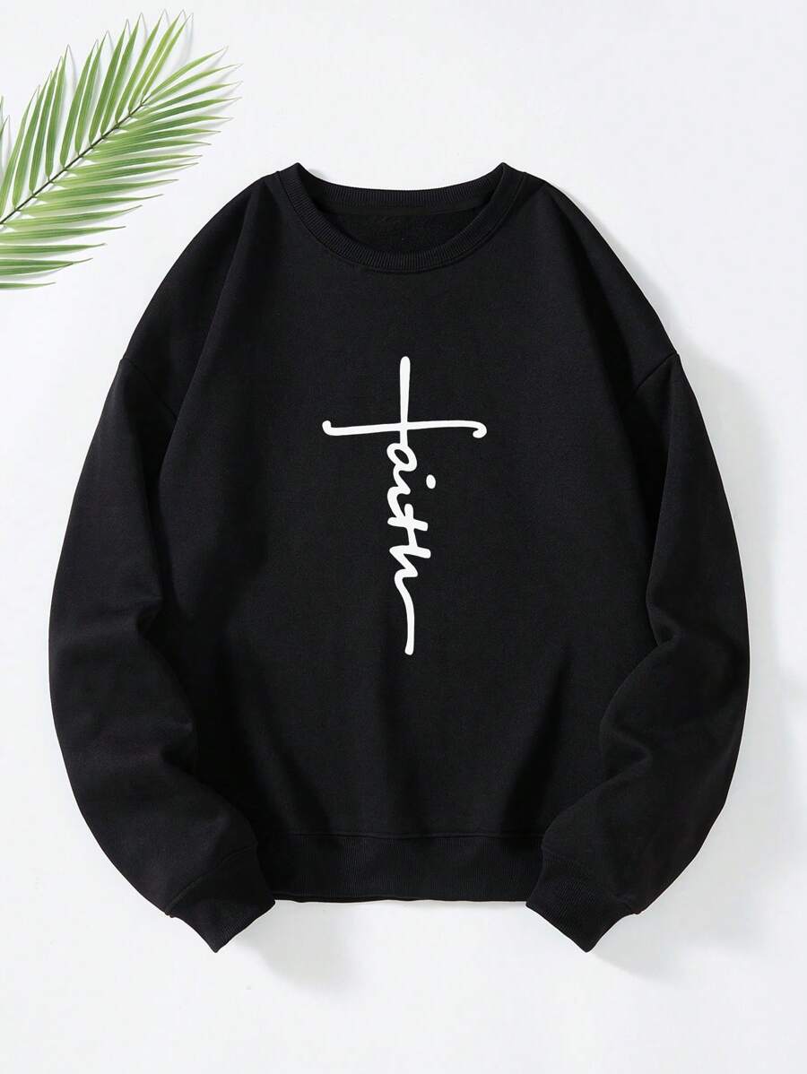 SHEIN EZwear 字母圖案加絨內裏運動衫 - 黑色 - 查看 1