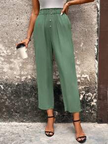 SHEIN LUNE Nếp gấp cao eo Nút phía trước Quần skinny Quần - màu xanh lá - Xem 1