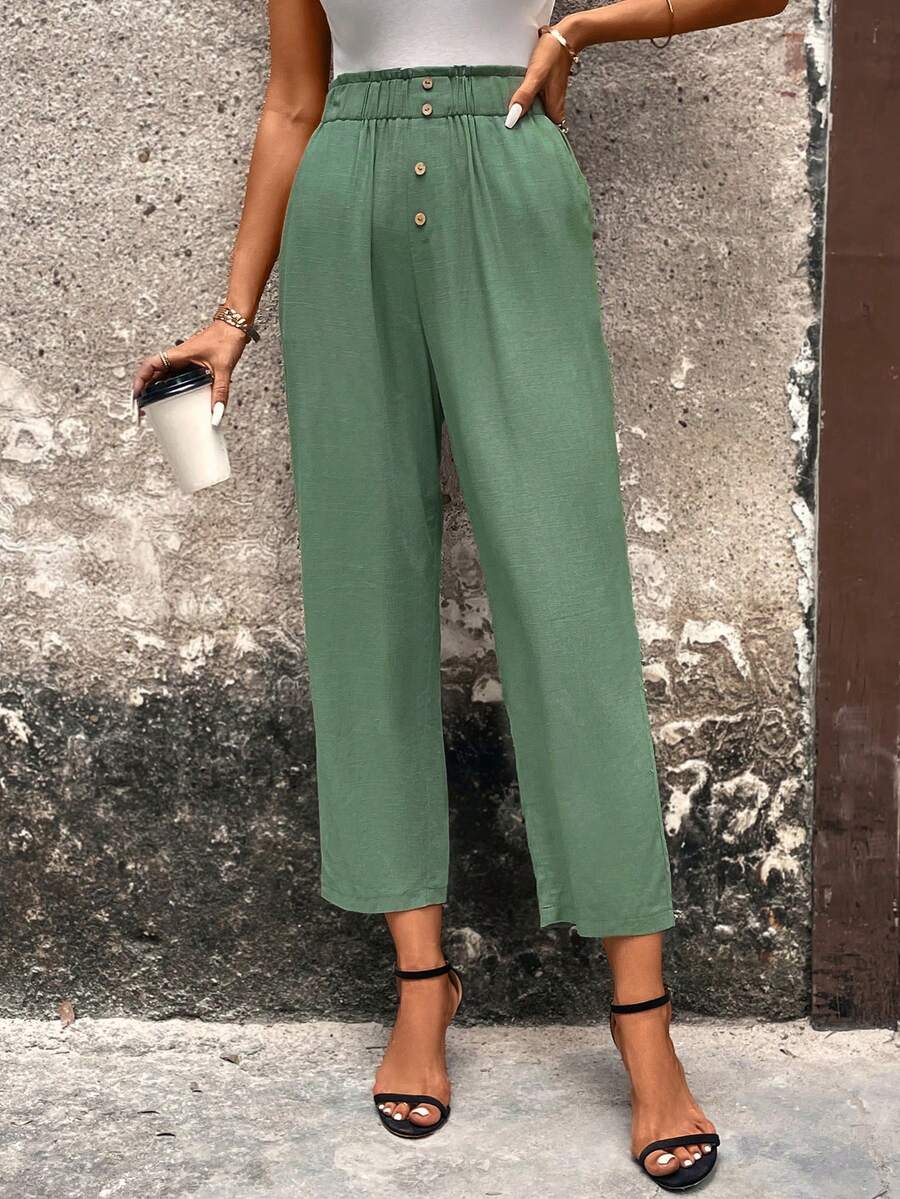 SHEIN LUNE Nếp gấp cao eo Nút phía trước Quần skinny Quần - màu xanh lá - Xem 1