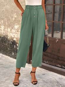 SHEIN LUNE Nếp gấp cao eo Nút phía trước Quần skinny Quần - màu xanh lá - Xem 5