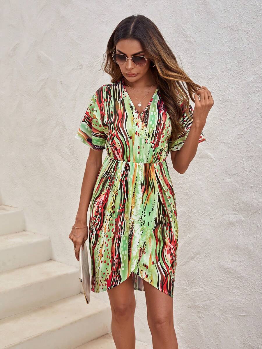 SHEIN LUNE In Toàn bộ tay cánh Váy Wrap Hem - Nhiều màu - Xem 1