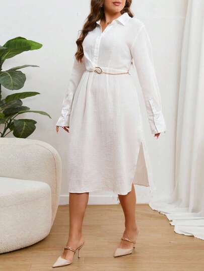 SHEIN Privé 大碼素色前紐扣襯衫洋裝