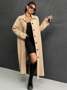 SHEIN EZwear Raglan Sleeve Button Front Trench Coat - Khaki - View 1