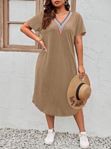 SHEIN Holidaya 大碼休閒織帶撞色連衣裙