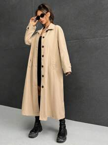 SHEIN EZwear Raglan Sleeve Button Front Trench Coat - Khaki - View 3