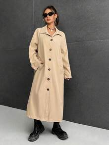 SHEIN EZwear Raglan Sleeve Button Front Trench Coat - Khaki - View 4