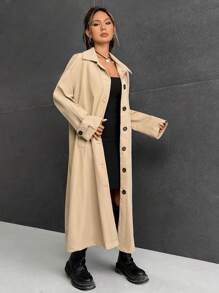 SHEIN EZwear Raglan Sleeve Button Front Trench Coat - Khaki - View 5