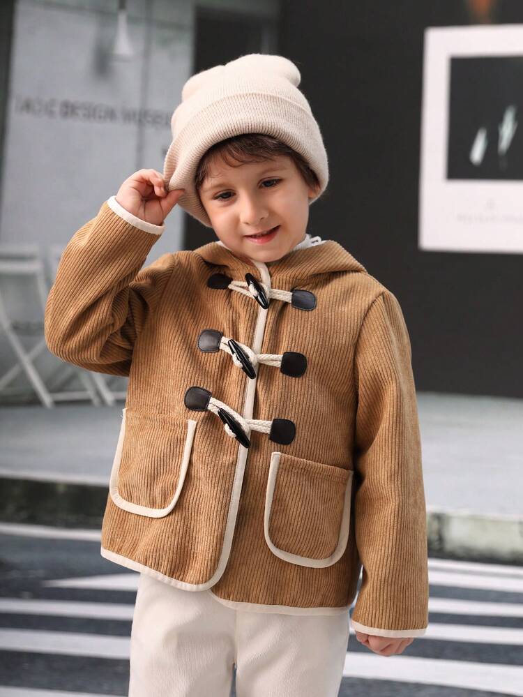 Young Boy Contrast Binding Duffle Button Dual Pocket Hooded Coat