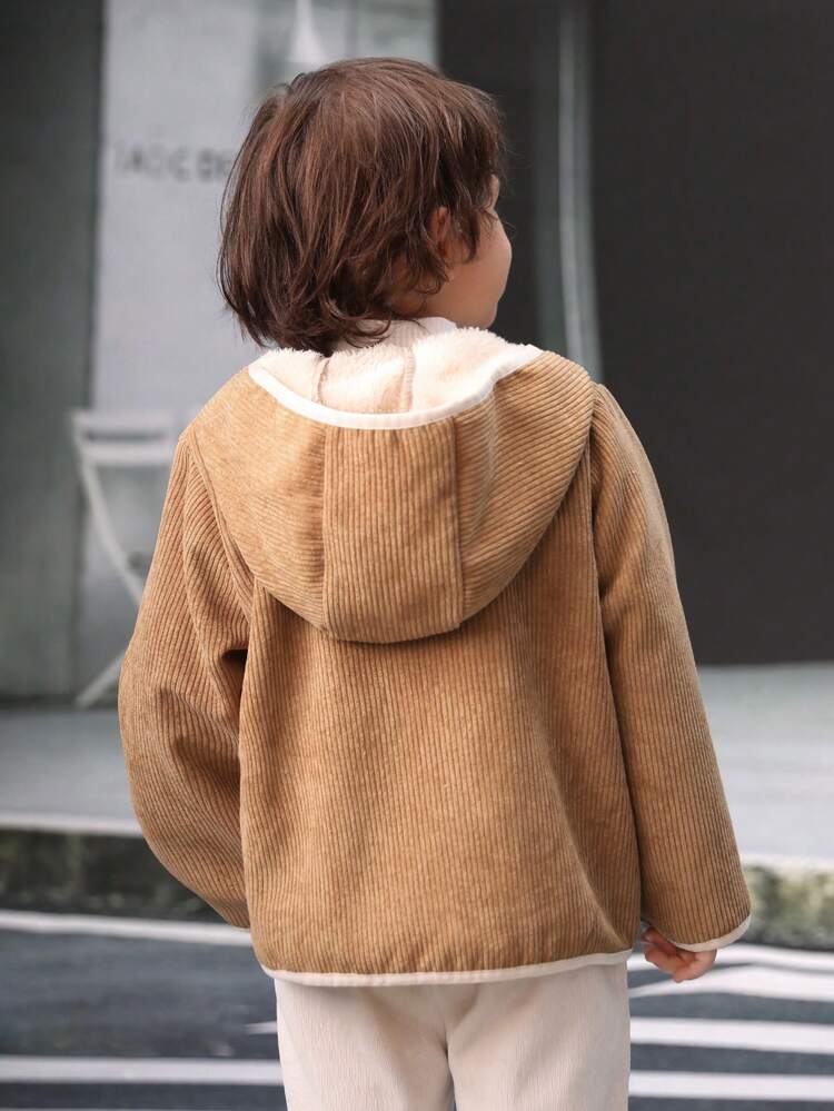 Young Boy Contrast Binding Duffle Button Dual Pocket Hooded Coat