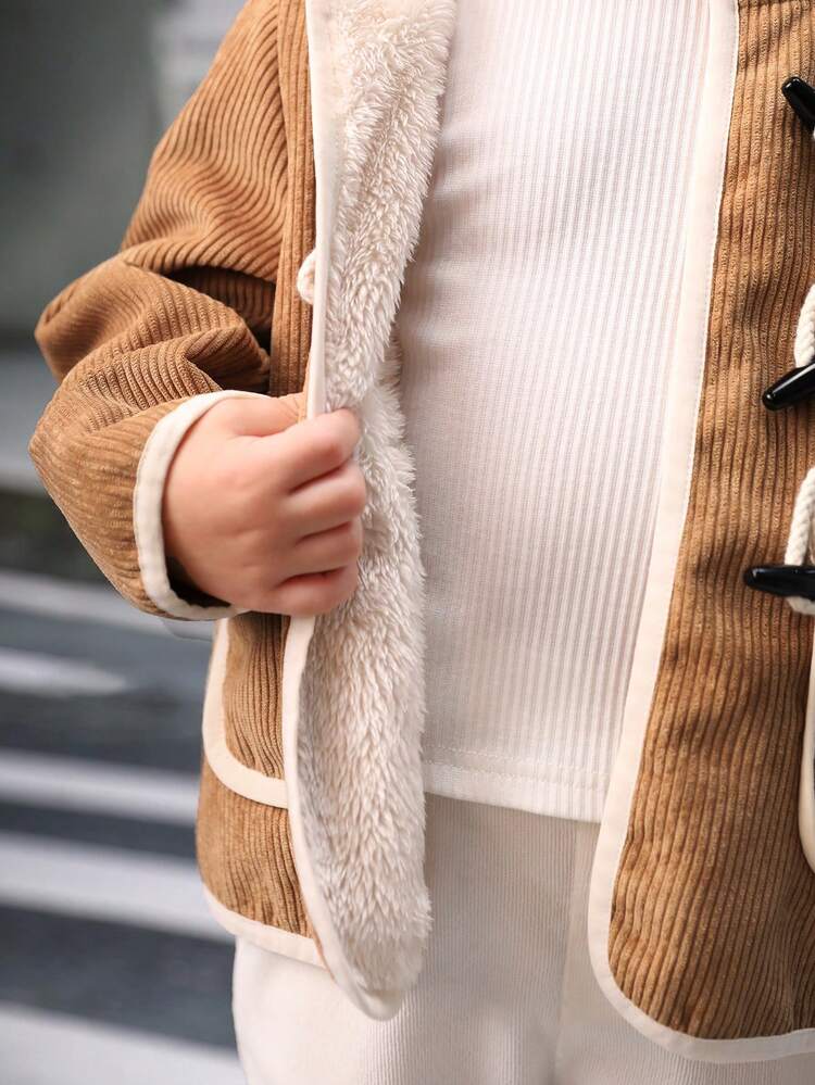 Young Boy Contrast Binding Duffle Button Dual Pocket Hooded Coat