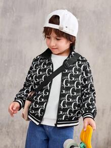 SHEIN Young Boy Letter Graphic Striped Trim Jacket - Black and White - View 4