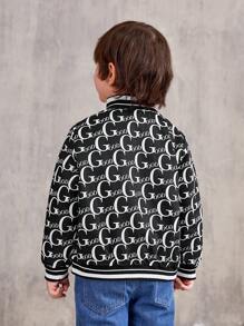 SHEIN Young Boy Letter Graphic Striped Trim Jacket - Black and White - View 3