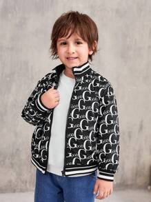 SHEIN Young Boy Letter Graphic Striped Trim Jacket - Black and White - View 6