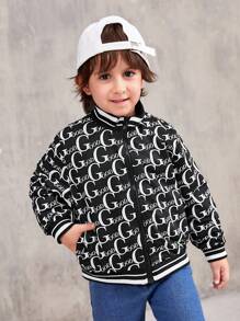SHEIN Young Boy Letter Graphic Striped Trim Jacket - Black and White - View 1