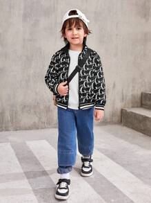 SHEIN Young Boy Letter Graphic Striped Trim Jacket - Black and White - View 5