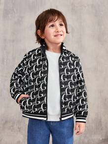 SHEIN Young Boy Letter Graphic Striped Trim Jacket - Black and White - View 7