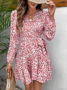 SHEIN Frenchy 碎花燈籠袖繫腰帶連衣裙 - 粉色 - 查看 1