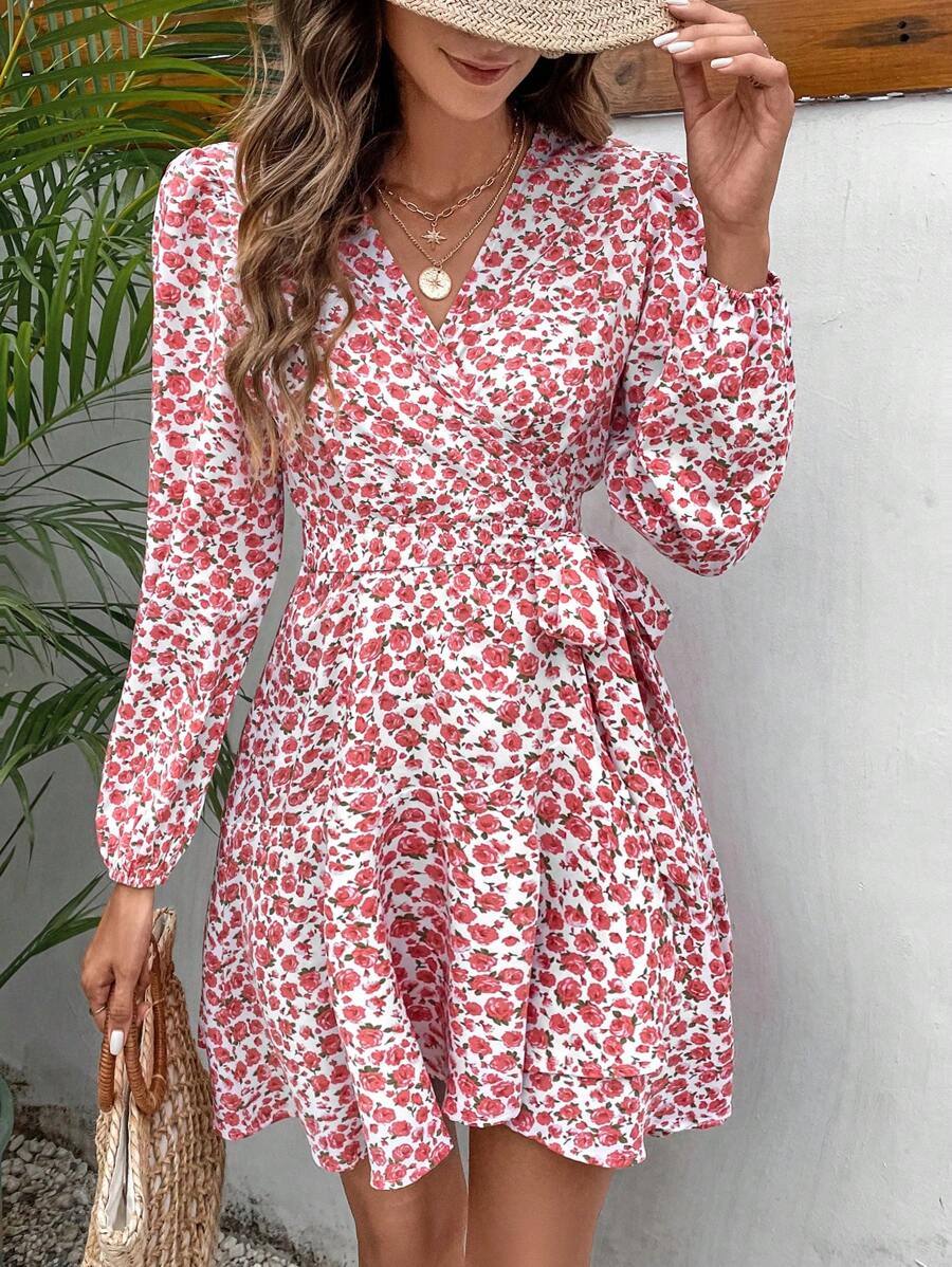 SHEIN Frenchy 碎花燈籠袖繫腰帶連衣裙 - 粉色 - 查看 1