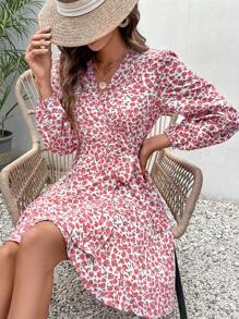 SHEIN Frenchy 碎花燈籠袖繫腰帶連衣裙 - 粉色 - 查看 5