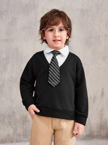 SHEIN Young Boy Contrast Collar Drop Shoulder 2 In 1 Pullover With Tie - Black - View 3