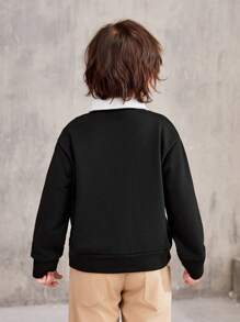 SHEIN Young Boy Contrast Collar Drop Shoulder 2 In 1 Pullover With Tie - Black - View 2