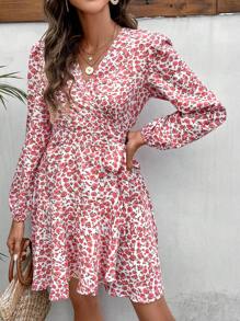 SHEIN Frenchy 碎花燈籠袖繫腰帶連衣裙 - 粉色 - 查看 6